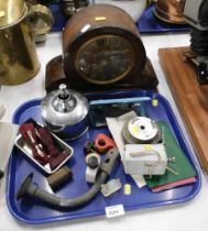 A Smiths Enfield mantel clock, various gentleman's bow ties, measuring implements, etc. (1 tray and