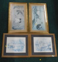 Assorted prints, comprising cat and stork Chinese style print, and after Lapoi Continental town scen