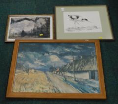 Pictures and prints, after R Marshall, The Avocet, hay scene, and French street scene. (3)