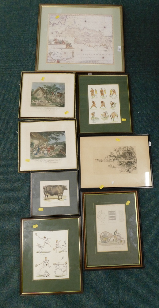 19thC and later prints, comprising map of The Isles, after Moorland, Fox Hunting, golfing print, aft