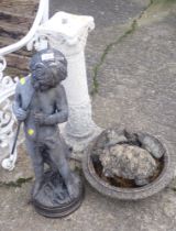 A reconstituted stone bird table, tortoise and animal garden ornaments, and a blackened finish figur