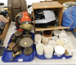 Tabletop scales and weights, brass weights, Anglepoise lamp, oak cased mantel clock, commemorative w