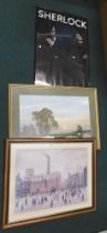 After Lowry. Matchbox scene, print Sherlock poster, and a landscape print, framed. (3)