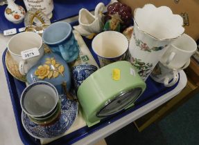 Blue and white cups and saucers, a Smiths electric green mantel clock, raspberry and horseradish dis