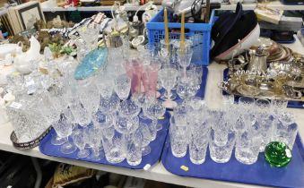 Decorative glassware, claret jug, candlesticks, drinking glasses, apple paperweight, etc. (4 trays a