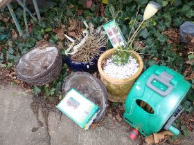 Hanging baskets, blue painted plant pot, Hozelock hose reel, terracotta planter, etc. (a quantity)