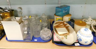 Household china and glassware, comprising decanters, Royal Doulton tankard, kitchen jars, easel, ova