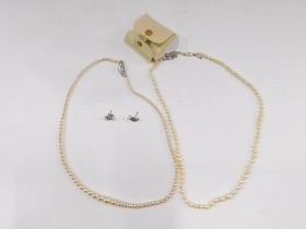 Two cultured pearl necklaces, and a pair of stud earrings.