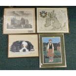 Pictures and prints, comprising after Polyanna Pickering terrier seated, after Peter Herd Golfer, af