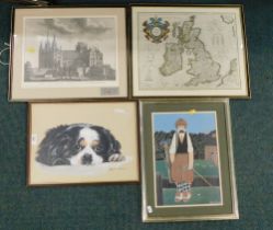 Pictures and prints, comprising after Polyanna Pickering terrier seated, after Peter Herd Golfer, af