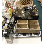 Kitchenalia, comprising utensils, knives, cutlery, lemons and limes storage basket, enamel serving t