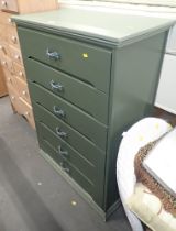 A painted pine six drawer chest, in green finish.