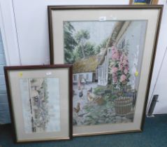 A print After R G Barton, Lincoln Cathedral and a embroidery farmyard scene, framed. (2)