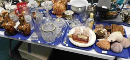 Various shells, drinking glasses, decanters, a Hine Signature cognac, etc. (4 trays)