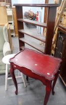 A painted pine milking stool, reproduction side table, and a mahogany shelf. (3)