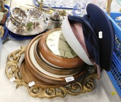 Three lady's hats, Derby wall clock, wooden framed oval pictures, serving tray and a gilt framed wal