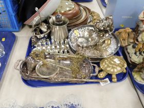 Silver plated and brasswares, comprising a brass tortoise, rococo scroll stand, candle snuffer, stai