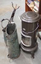 A Glen coal burner, fireside companion set, copper coal bucket, etc. (a quantity) WARNING! This lot