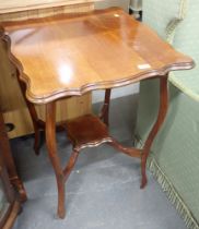 A walnut square topped side table, with fluted border and lower tier.