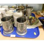Pewter coronation tankards and a Flying Scotsman collectors plate. (1 tray)