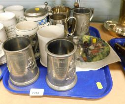 Pewter coronation tankards and a Flying Scotsman collectors plate. (1 tray)