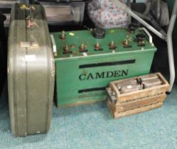 A Camden volt meter, various batteries and a suitcase. (3)