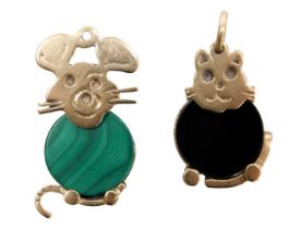 Two 9ct gold and hardstone pendants, formed as animals, one set with malachite, the other with black