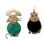 Two 9ct gold and hardstone pendants, formed as animals, one set with malachite, the other with black