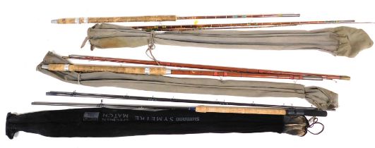 A Jim Knight three piece split cane float fishing rod "The Bletsoe", a Daiwa graphite Phantom Match