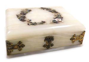 A 19thC white onyx and pietra dura jewellery casket, with applied floral detailing and brass buckle