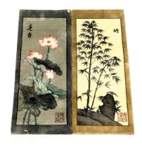 Two 20thC oriental hand cut wool wall hangings, decorated with flowers, scenes and bamboo, signed wi