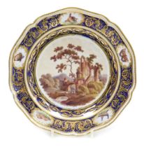 A late 18thC Crown Derby porcelain plate from The Italian Views series, painted centrally with a vie