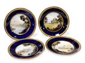 Four Royal Worcester porcelain cabinet plates, circa 1919, painted by C Johnson, with Plas Crug, Ken