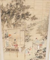 An early 20thC Oriental watercolour, formed as six vertical panels, with a seated sage on a dais att