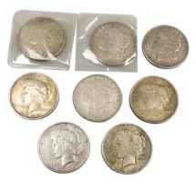 Three US silver Morgan dollars 1921, and five Peace dollars 1923 x 2, 1924, 1925 and 1926. (8)