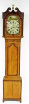 J. Saltby of Grantham. A 19thC oak and mahogany longcase clock, with swan pediment hood with bulbous