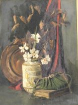 L Charles (British, late 19thC). Still life of flowers in an Italian vase, with a copper charger, in