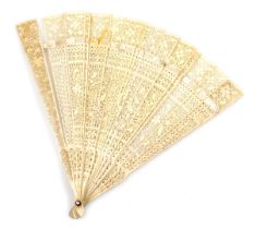 A 19thC Chinese fan, with Canton carved and pierced bone sticks, 18cm. (AF)