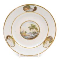 A late 18thC Crown Derby porcelain plate, painted by Zachariah Boreman centrally with a landscape wi