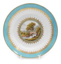 An early 19thC Crown Derby porcelain plate, c1805, painted with a view "On The Clyde", within a turq