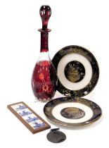 An early 20thC ruby flash decanter, 30cm high, a pair of Royal Doulton cabinet plates, etc. (a quant