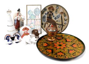 A group of USSR pottery and porcelain, including Lomonosov figures and a decanter, lacquered cup and