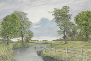 J Holt (British, 20thC). River landscape with a weir, oil on board, signed, 89.5cm x 135cm.