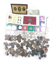 English silver and copper coinage, including commemorative five pound coins for The Millennium, QEII