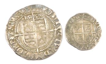 An Elizabeth I silver penny, and another similar coin. (2)