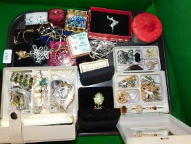 Costume jewellery including brooches, necklaces, rings, in various jewellery boxes. (1 tray)