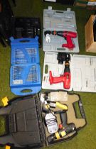 Four cordless drills, Draper drill bits and tool bits. (2 boxes and loose)