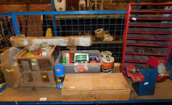 Tools including a table top grinder, die bits, tins of Swarfega, locks, accessories, etc. (1 shelf)