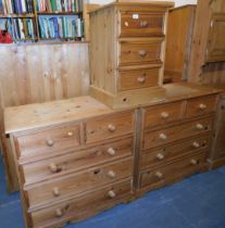 A pine bedside cabinet of three drawers, and two chests of drawers, with two short over three long d