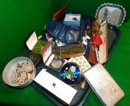 Costume jewellery, to include silver plated cigarette case, coins, floral pin brooch, compact, watch
